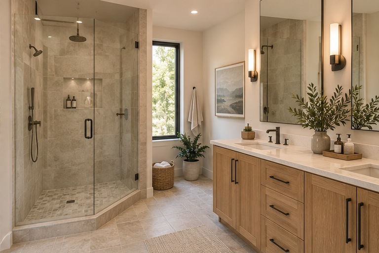 Illustrative bathroom remodel featuring a walk-in shower and wood vanity