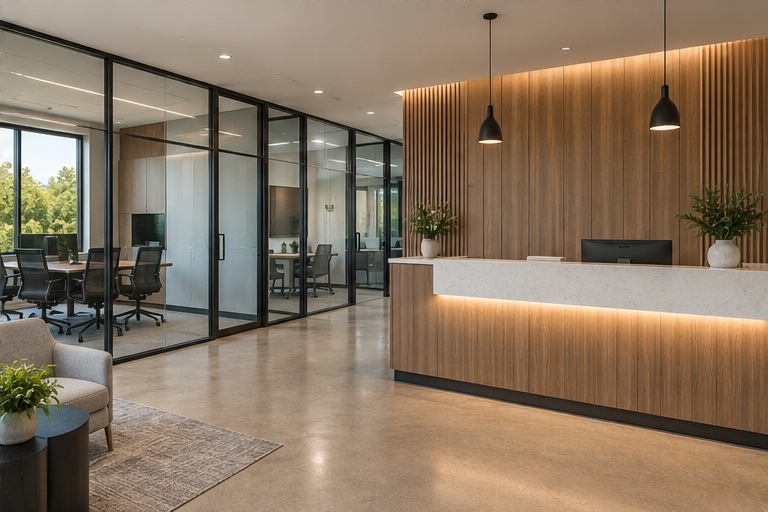 Illustrative renovated commercial office with modern reception and glass partitions