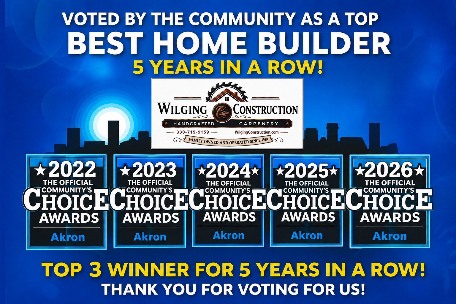 Wilging Construction community recognition graphic celebrating top-three Best Home Builder recognition in Akron Community Choice Awards, 2022 through 2026
