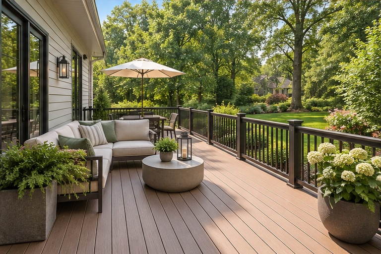 Illustrative new deck installation overlooking a leafy backyard