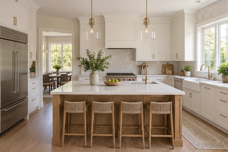 Illustrative remodeled kitchen with a wood island and custom cabinetry