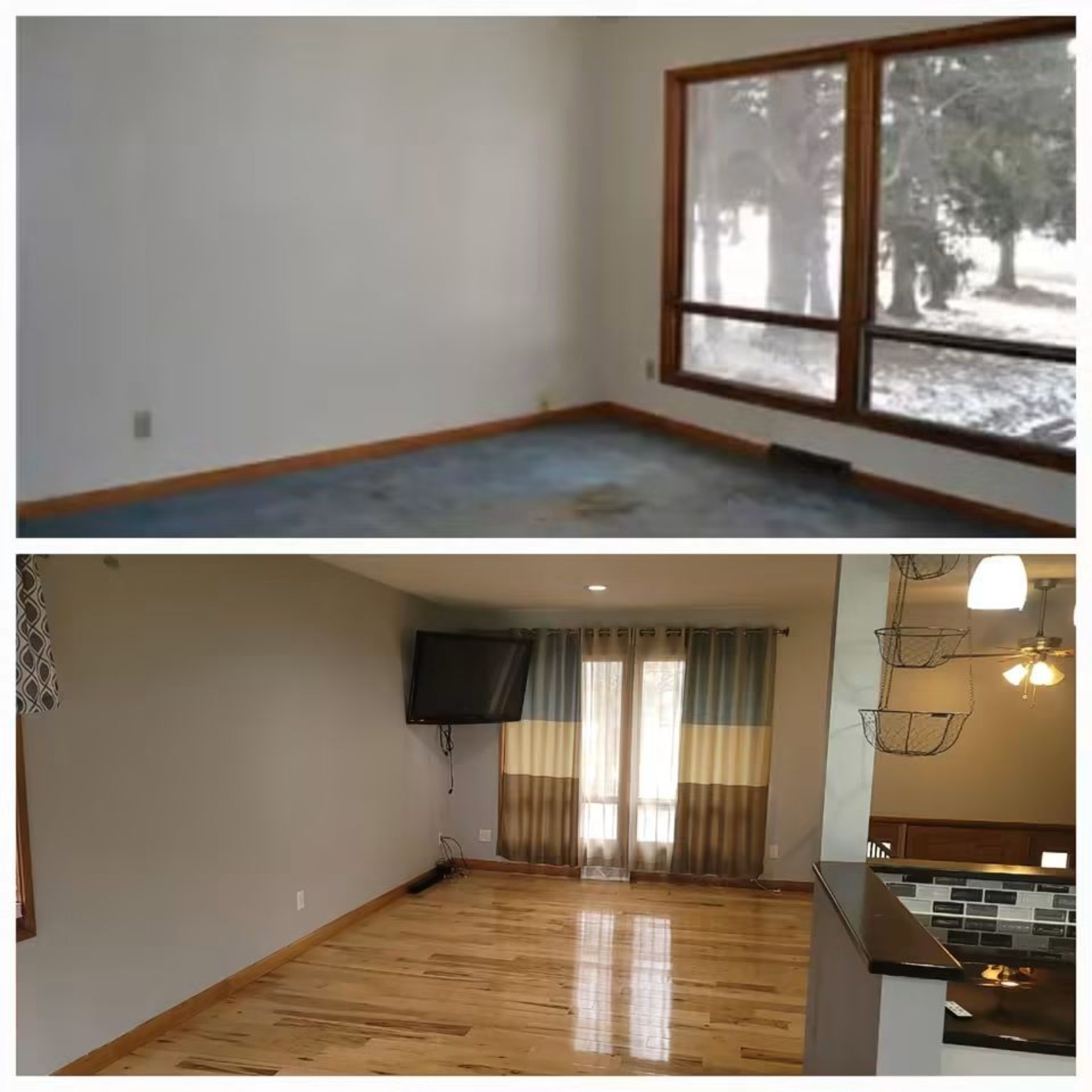 Before-and-after transformation from carpeted room to bright hardwood living space