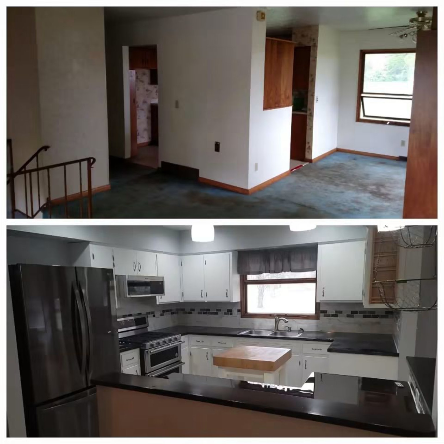 Before-and-after kitchen and adjoining living space renovation
